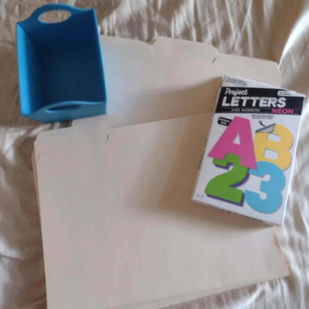 Office supplies lot - 24 file folder, paperclip holder, NEW neon letter stickers